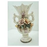 Vintage Italian Capodimonte Porcelain Double-Handled Urn Vase with Dimensional Pink & Yellow Roses