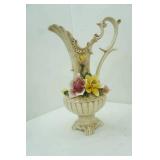 Vintage Italian Capodimonte Footed Porcelain Pitcher/Vase with Hand-Applied Dimensional Roses and Floral Accents
