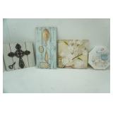 Art Collection. 2 Canvas, 1 Cast Iron Cross and Key Mixed Media, 1 Speak Kindly Wooden Wall Decor