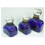 Vintage Hand-Blown Cobalt Blue Glass Jar w/Silver Toned Glass  Cork Stoppers. (large) 3ct