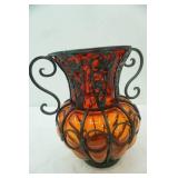 Vintage Hand-Blown Red/Orange Glass Bubble Metal Caged Vase 9.5" tall