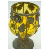 Vintage-Style Amber Blown Bubble Metal Caged Vase. 10