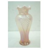 Fenton Pink Champagne Carnival Opalescent Feather Pattern Ruffle 11" Vase