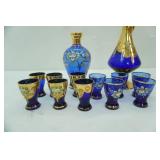 Vintage Murano Cobalt Blue and Gold Decanter Set (w/Murano sticker); Venetian or Bohemian Cobalt BLue Glass Decanter w/24K gold gilt and hand-painted enamel floral designs