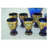 Vintage Murano Cobalt Blue and Gold Decanter Set (w/Murano sticker); Venetian or Bohemian Cobalt BLue Glass Decanter w/24K gold gilt and hand-painted enamel floral designs