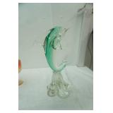 Hand-Blown Green Glass Dolphin Figurine (broken pedestal stand)