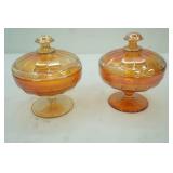 Pair of Vintage Fenton Grecian Gold Carnival Iridescent Candy Dishes w/Lids