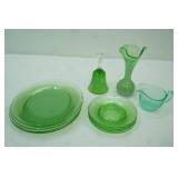Vintage 5 Vaseline Uranium Glass Salad Plates; Green Depression GLass Creamer; Vintage Hand-Painted Green Glass Bell; Green Glass Swung Vase