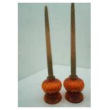 Vintage Flame Red/Orange Glass Candlestick holders with ribbed detail