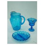 Vintage BLue Glass Compote Dish, Divided Relish Tray, and Pitcher