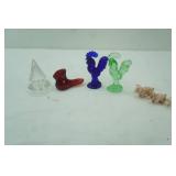 Blue & Green Glass Rooster Figurines, Ruby Red Glass Bird, 3 Carved Stone Pigs
