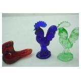 Blue & Green Glass Rooster Figurines, Ruby Red Glass Bird, 3 Carved Stone Pigs