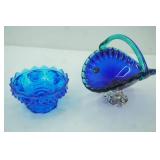 Vintage White Crystal Made in Italy Blue Glass basket with silver-toned pedestal; Vintage Fenton Colonial Blue Hobnail Glass Six-Candle Holder Pedestal Bowl