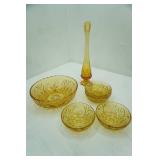 Vintage Anchor Hocking Medallion Honey Gold Glass Serving Bow and Smaller Bowls; Vintage Fenton Valencia Amber Swung Glass Vase