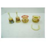 Vintage Fenton Hand-Painted Custard Satin Glass Bells and Ruffled Edge bowl & basket w/broken handle