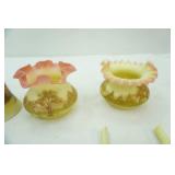 Vintage Fenton Hand-Painted Custard Satin Glass Bells and Ruffled Edge bowl & basket w/broken handle