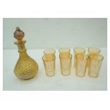 Vintage Fenton Marigold Carnival Glass Decanter "Golden Harvest"; Jeannette Glass Hex Optic Iridescent Marigold Glass Tumblers
