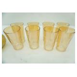 Vintage Fenton Marigold Carnival Glass Decanter "Golden Harvest"; Jeannette Glass Hex Optic Iridescent Marigold Glass Tumblers