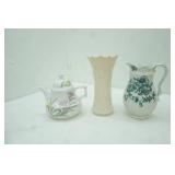Barether Wadessen Vintage Teapot; Lenox Porcelain Vase-Ivory Leaf; Vintage Buffalo Pottery Semi-Vitreous Water Pitcher Transferware
