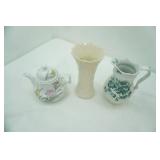 Barether Wadessen Vintage Teapot; Lenox Porcelain Vase-Ivory Leaf; Vintage Buffalo Pottery Semi-Vitreous Water Pitcher Transferware