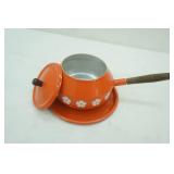 Vintage 1970s Orange Enamel "Flower Power" Fondue pot Set