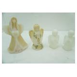 Fenton Glass Glossy White Opalescent Boy & Girl Praying Angels; Fenton Satin Custard Angel Flora Bell; Fenton? Art Glass hand-painted angel figurine in custard