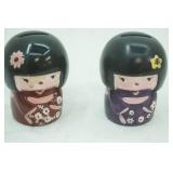 Set of 2 Japanese Kokeshi Doll Coin Banks. 4" tall