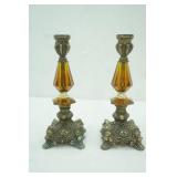 Vintage Hollywood Regency Style Ornate Cast Metal & Amber Lucite Candlestick Holders