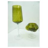 Vintage Empoli Green Optic Art Glass Goblet; Green Glass Pedestal Vase