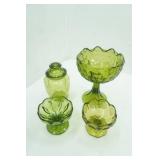 Vintage Indiana Glass Avocado Green Pedestal Compote w/a Diamond Quilted Pattern,