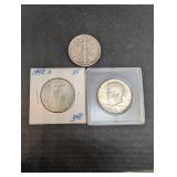 Walking Liberty Half Dollars - 1942-D XF, 1936, 1964 Kennedy Half Dollar