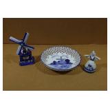 Vintage Delft Ceramic Dutch Holland Windmill with Figurine and Plate