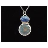 .925 Sterling Silver Sodalite Cabochon Asian Coin Primitive Pendant Necklace
