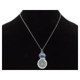 .925 Sterling Silver Sodalite Cabochon Asian Coin Primitive Pendant Necklace
