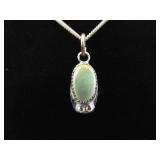 .925 Sterling Silver Green Turquoise Cabochon Pendant Necklace