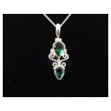 .925 Sterling Silver Faceted Emerald Crystal Pendant Necklace