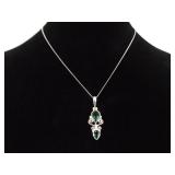 .925 Sterling Silver Faceted Emerald Crystal Pendant Necklace