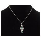 .925 Sterling Silver Faceted Emerald Crystal Pendant Necklace