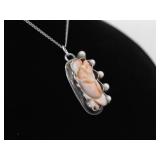 .925 Sterling Silver Primitive Carved Rhodonite Rose Pendant Necklace
