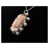 .925 Sterling Silver Primitive Carved Rhodonite Rose Pendant Necklace