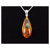 .925 Sterling Silver Acrylic Amber Drop Pendant Necklace