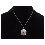 .925 Sterling Silver Primitive Mother of Pearl Carved Button Pendant Necklace