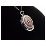 .925 Sterling Silver Primitive Mother of Pearl Carved Button Pendant Necklace