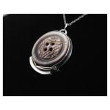 .925 Sterling Silver Primitive Mother of Pearl Carved Button Pendant Necklace