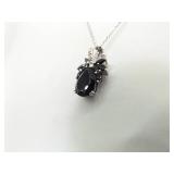 .925 Sterling Silver Diamond Accented Onyx Flower Pendant Necklace