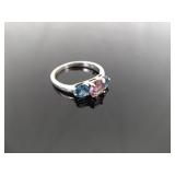.925 Sterling Silver Topaz and Pink Sapphire Crystal Ring Size 9