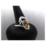 .925 Sterling Silver Amber Cabochon Ring Size 8