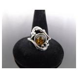 .925 Sterling Silver Amber Cabochon Ring Size 8