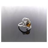 .925 Sterling Silver Amber Cabochon Ring Size 8
