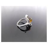 .925 Sterling Silver Amber Cabochon Ring Size 8